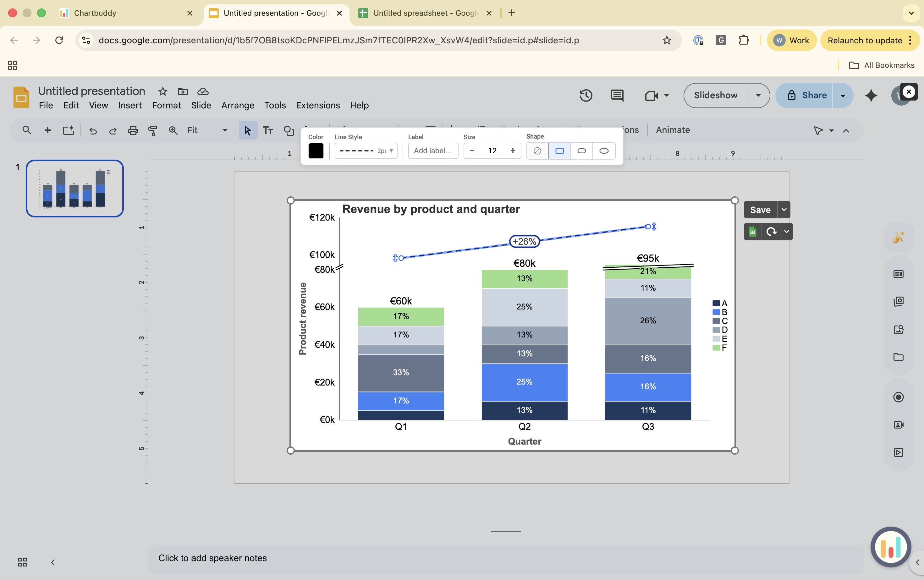 A selected chart element with the top bar showing formatting options